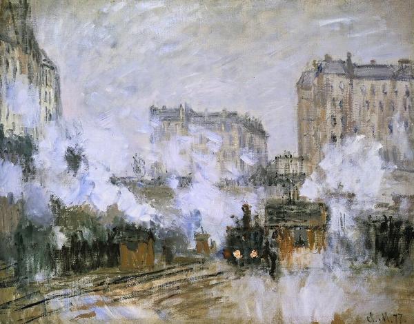 Monet Exterieur de la gare Saint Lazare arrivee dun train